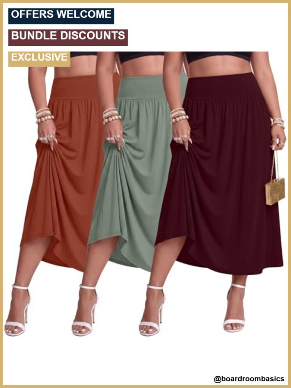 3 Pack Plus Size A-Line Maxi Skirts with Pockets High Rise Pleated